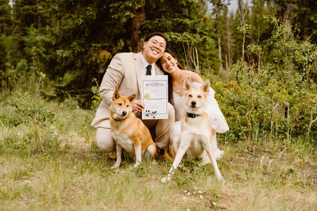 Couple with their dogs as their witness during their Colorado elopement