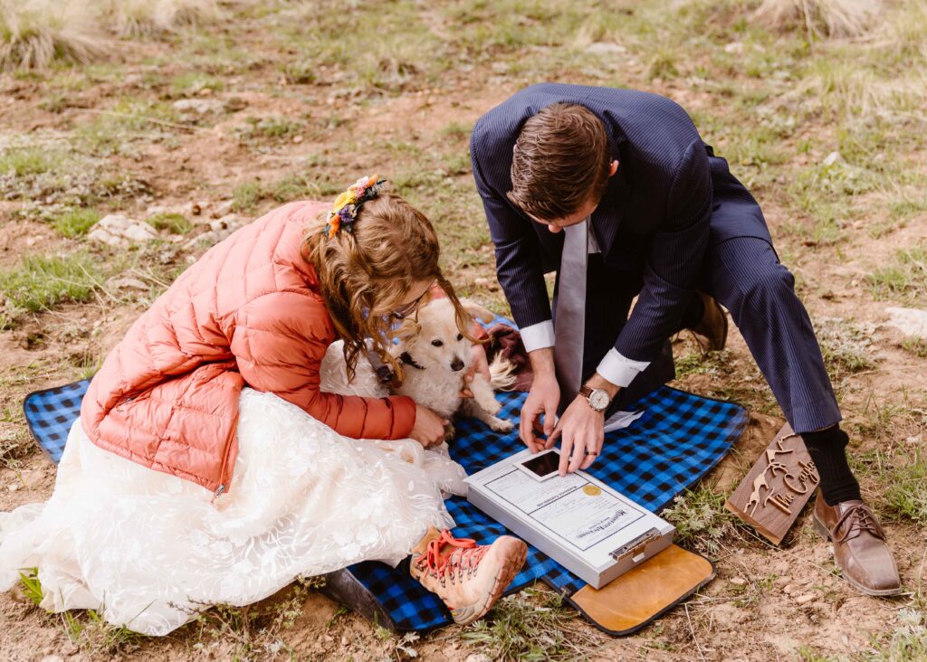Couples dog signs their marriage license at their Colorado elopement