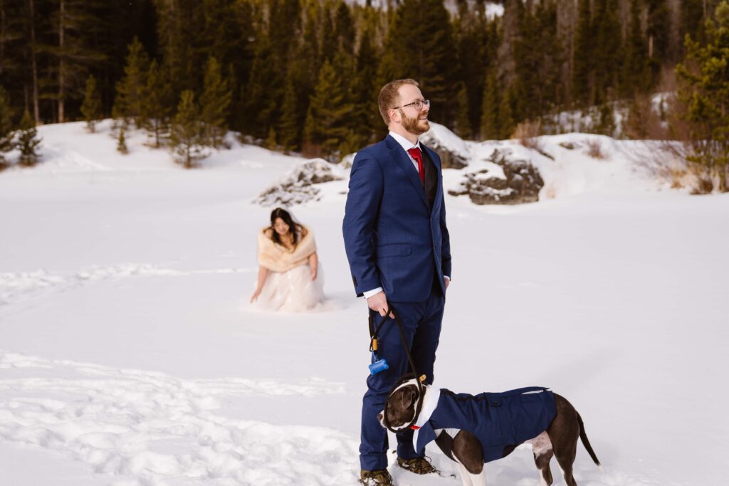 Couple has a first look during their winter elopement in Breckenridge, Colorado