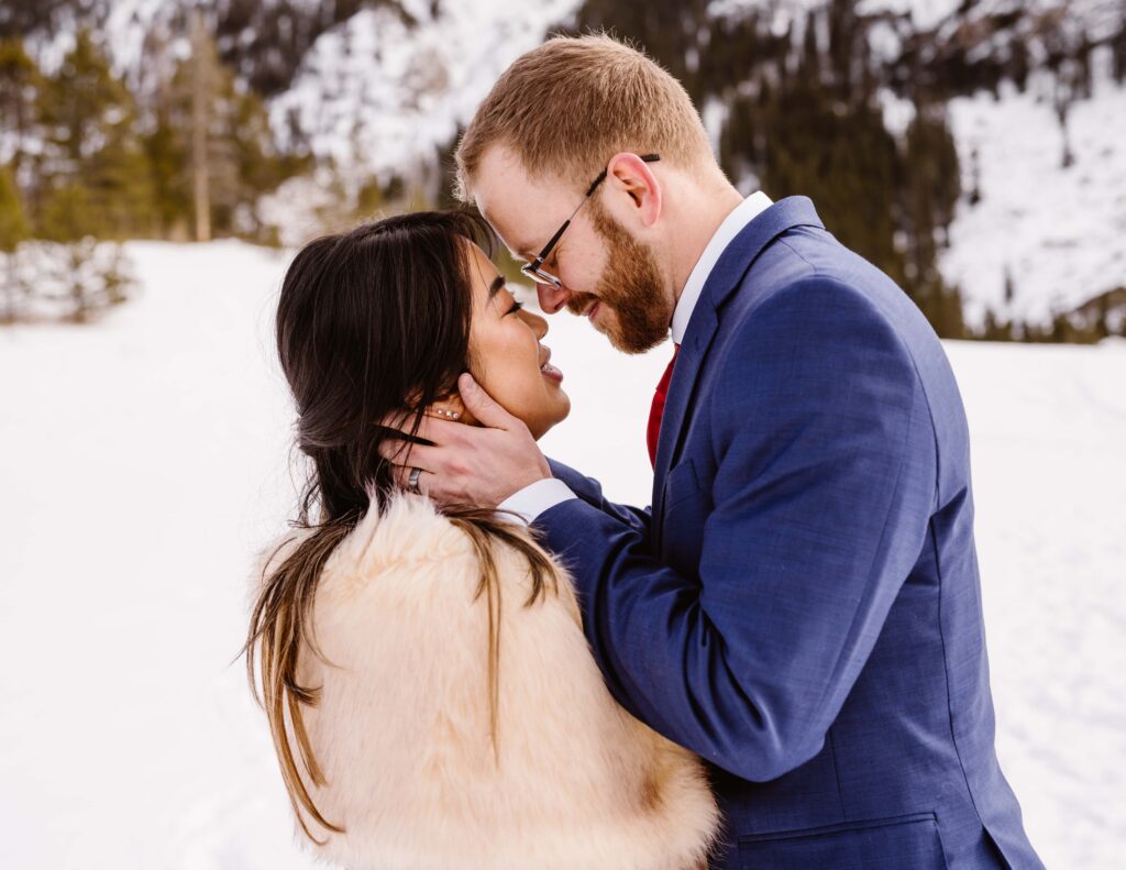 Snowy couples portraits before their elopement in Breckenridge, Colorado
