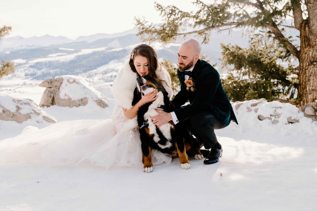 Couples loves on their dog at their Colorado winter elopement