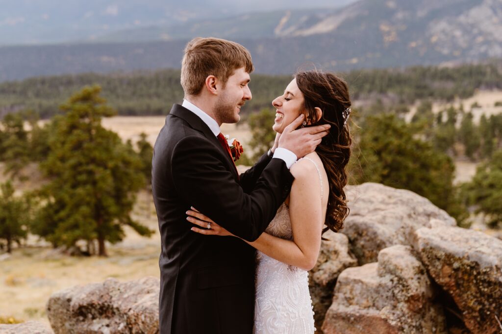 Wedding couples portraits after their 3M Curve elopement in Rocky Mountain National Park in the fall