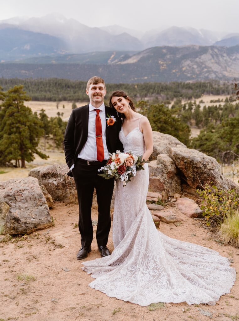 Wedding couples portraits after their 3M Curve elopement in Rocky Mountain National Park in the fall