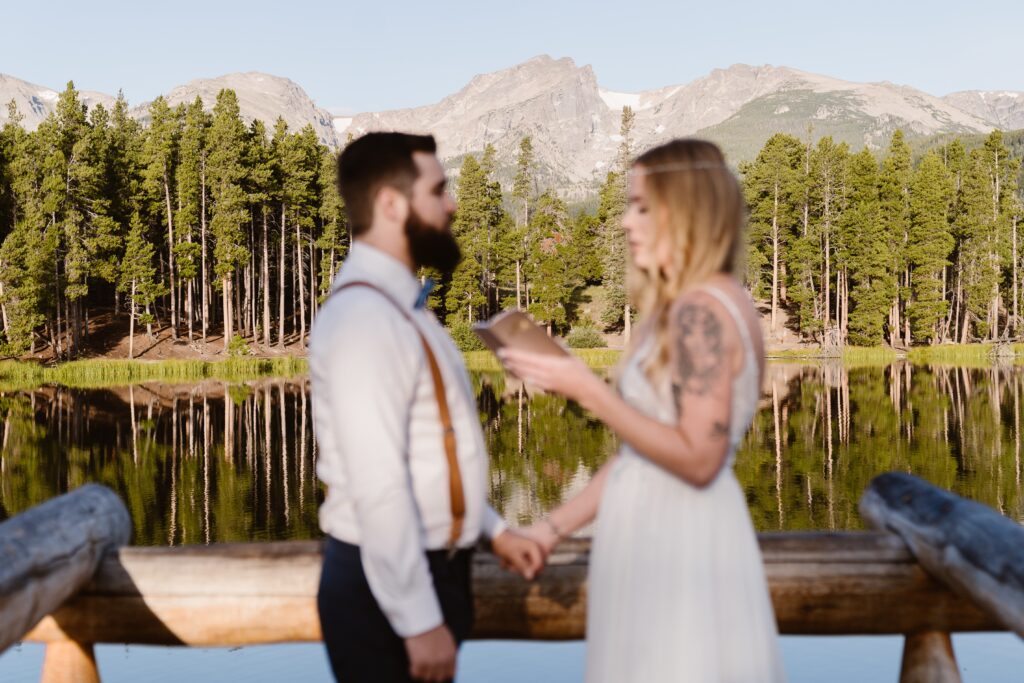Couple elopes at Sprague Lake in Rocky Mountain National Park in Colorado