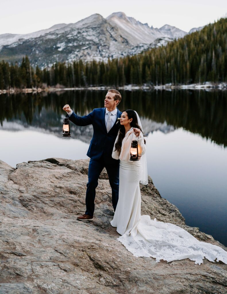 Wedding portraits at Bear Lake in Rocky Mountain National Park
