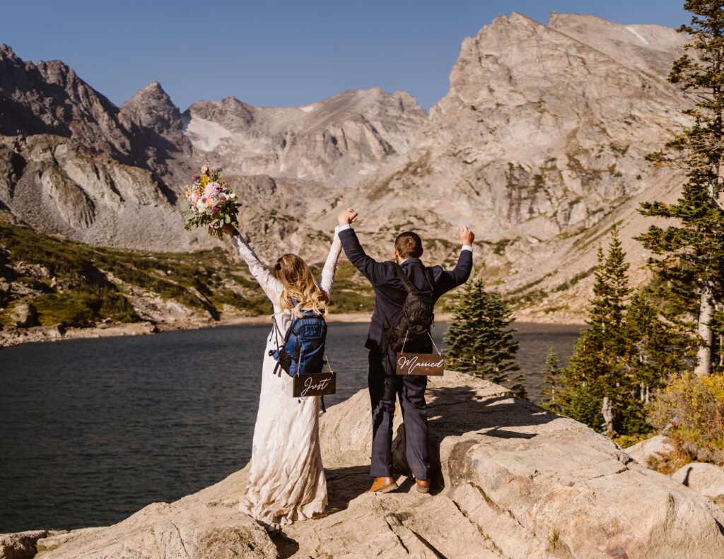 Couple celebrates their marriage after they eloped at Lake Isabelle in Colorado