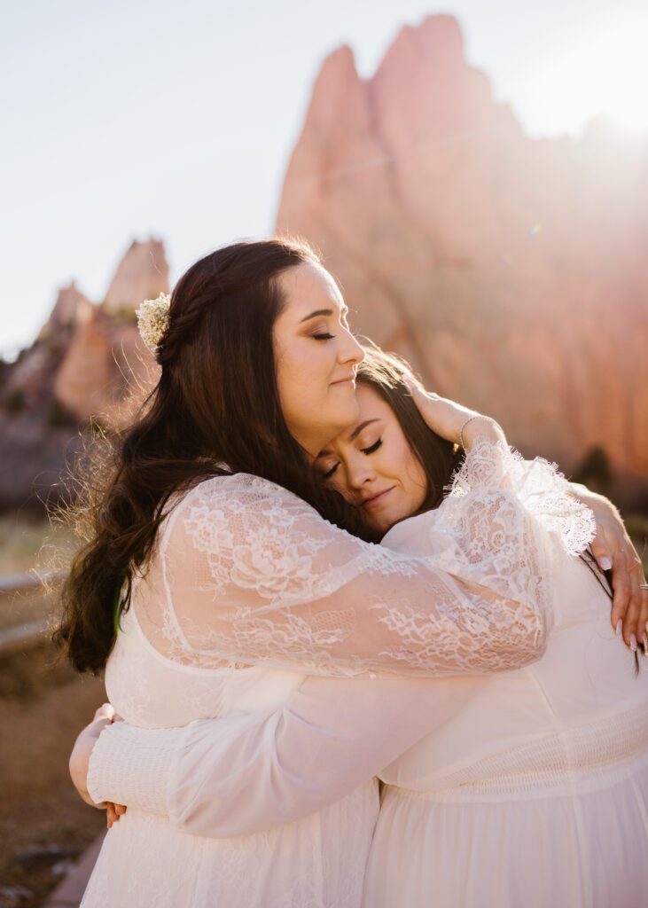 Couple hugs during their Garden of the Gods elopement in Colorado Springs, Colorado