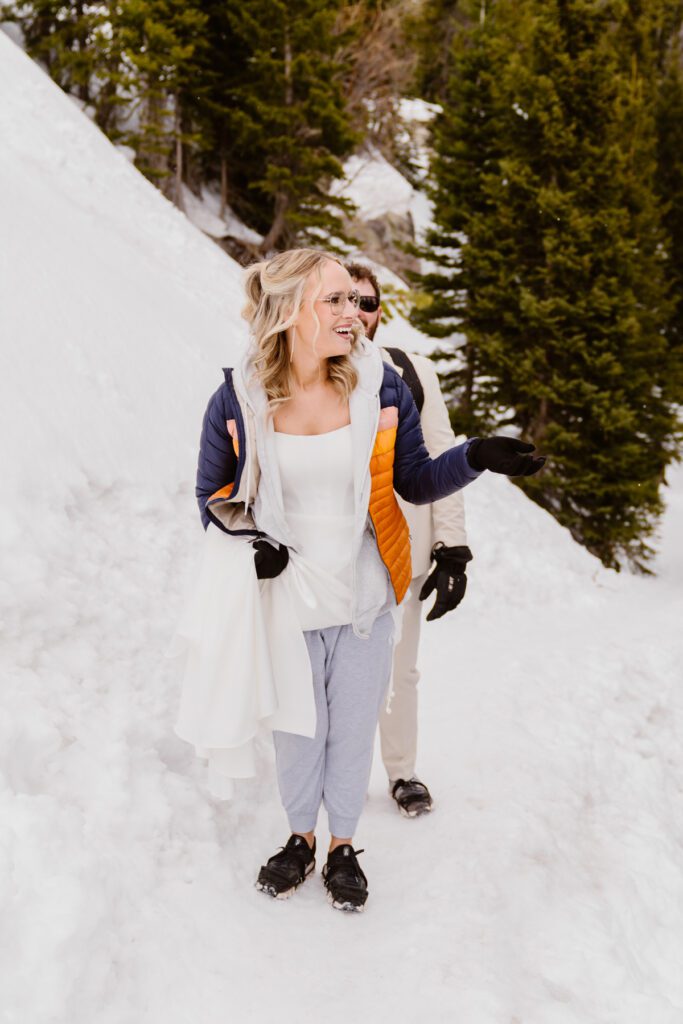 Hiking to Dream Lake after Morgan and Layton's Winter Wedding at Bear Lake Elopement in Rocky Mountain National Park