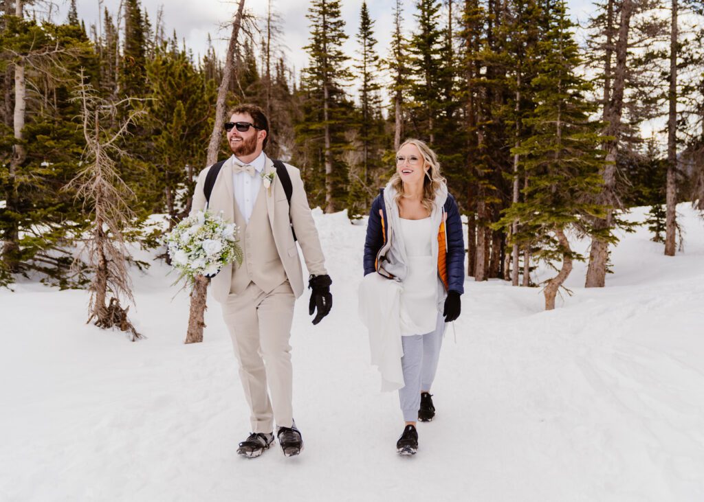 Hiking to Dream Lake after Morgan and Layton's Winter Wedding at Bear Lake Elopement in Rocky Mountain National Park